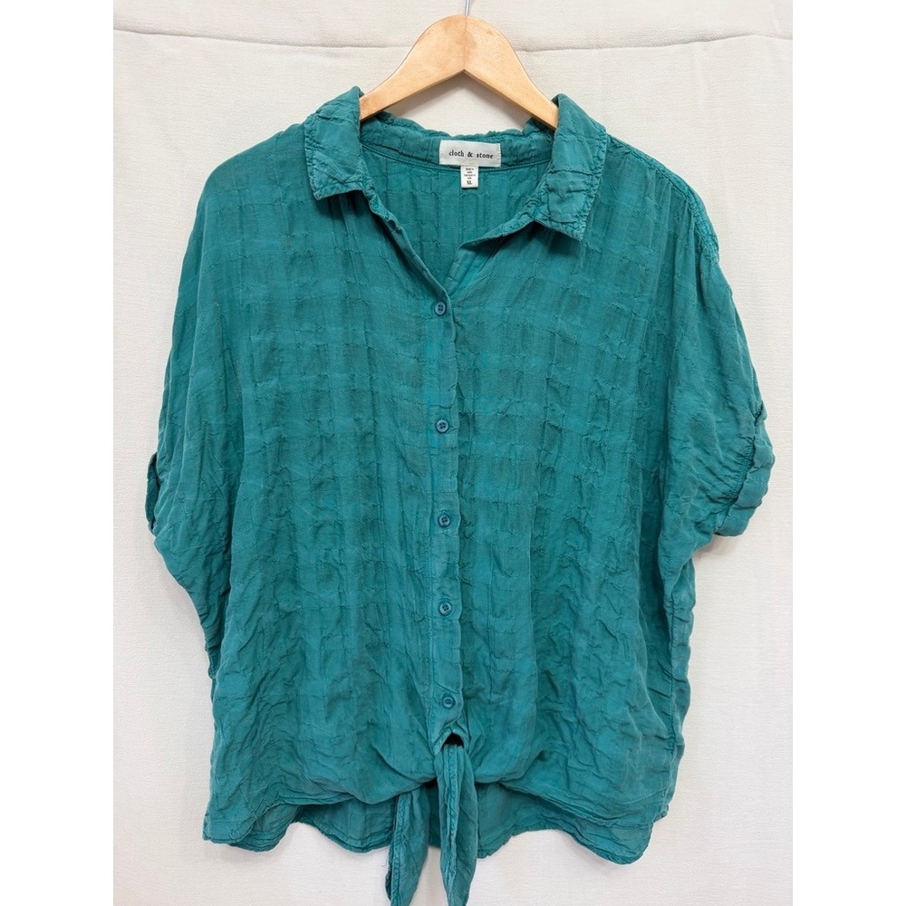 Cloth & Stone Women's Button‎ Down Top Teal Tencel Crinkle Tie Front Boho XL